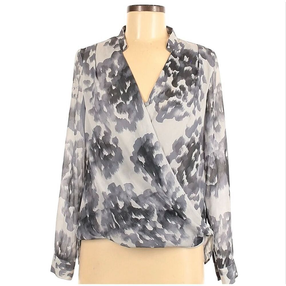 H&M grey chiffon printed faux wrap blouse size 4